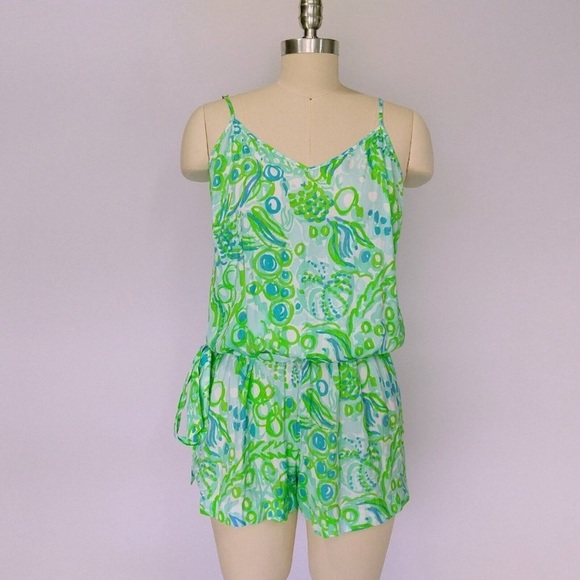 Lilly Pulitzer Deanna Romper XS Any Fins Possible Green and Blue - Picture 2 of 9